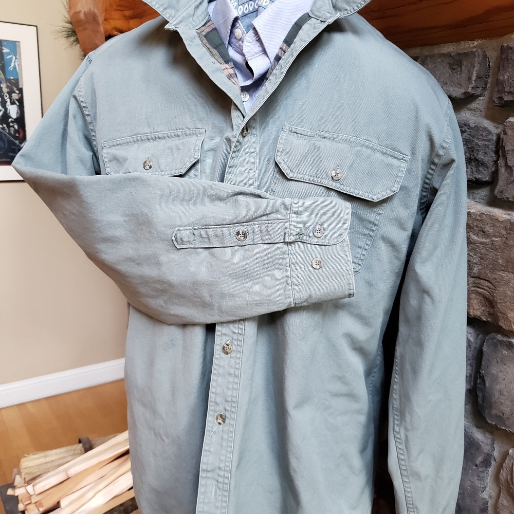 Cabelas canvas flannel lined shirt jacket mens XLT sage green in color